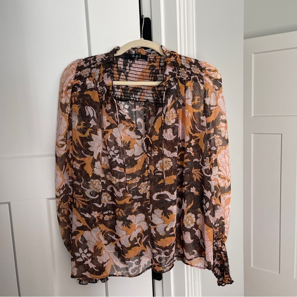o.p.t Metallic Floral Smock long Balloon Sleeve Peasant Top - Picture 1 of 5